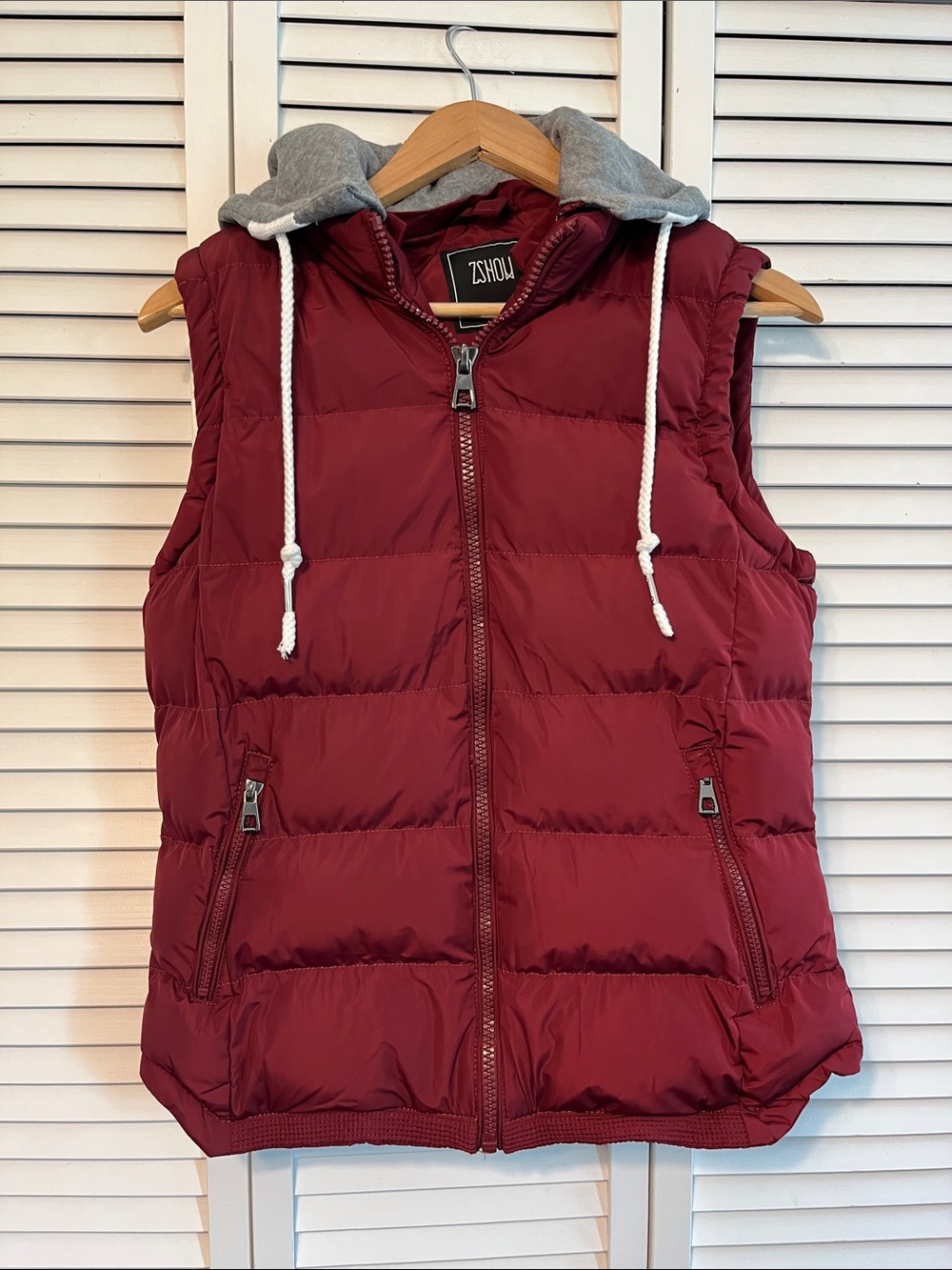 Maroon Hooded Puffer Vest with Grey Drawstring Hood